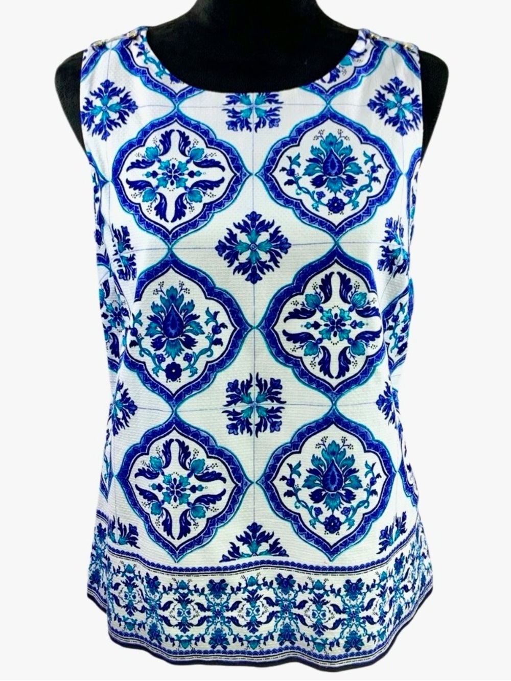 Talbots Floral Moroccan Tile Top in Blues/White Womens 10